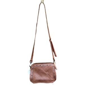PLATANIA WOVEN ITALIAN LEATHER CROSSBODY BAG WITH STUDDED TRIM